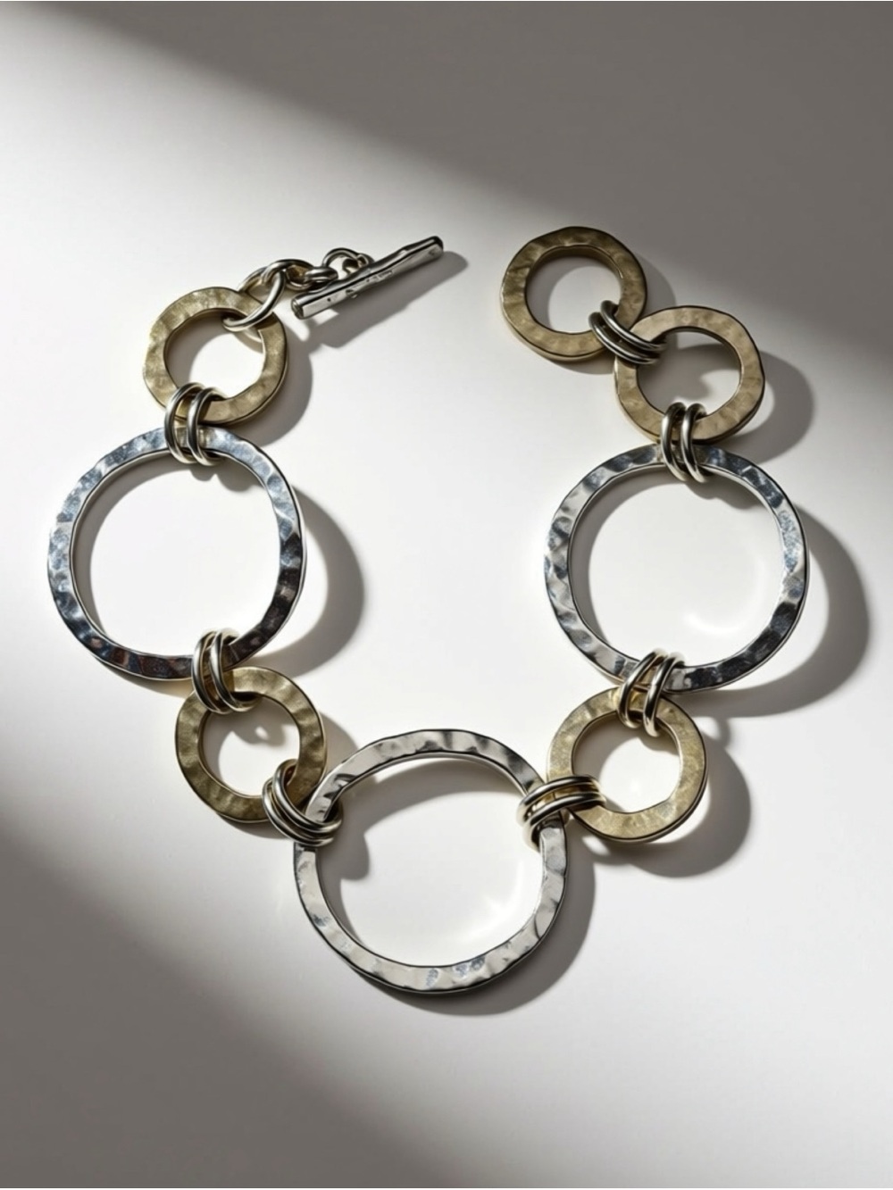 Boho Artisan Hammered Circle Link Toggle Bracelet